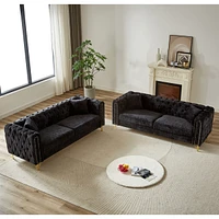 Chenille Pull Buckle Design Sofa for Living Room, Buttons Tufted With Copper Nail Decoration Armrest, Modern Couch Upholstered Button And Metal Legs