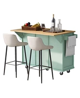 Simplie Fun Kitchen Cart with Rubber wood Drop-Leaf Countertop, Cabinet door internal storage racks, Kitchen Island on 5 Wheels with Storage Cabinet a
