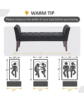 End of Bed Bench with Button Tufted Design, Upholstered Bedroom Entryway Bench with Arms and Solid Wood Legs for Bedroom, Black