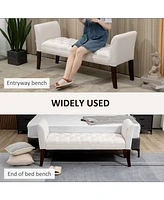 End of Bed Bench with Button Tufted Design, Upholstered Bedroom Entryway Bench with Arms and Solid Wood Legs for Bedroom, Cream White