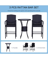 Streamdale Furniture Rattan Wicker Bar Set for 3 Pcs with Ice Buckets, Patio Furniture with 1 Bar Table and 2 Bar Stools for Poolside, Backyard, Porch