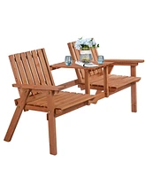 Patio Bench, Garden Bench with Middle Table and Umbrella Hole, Wooden Outdoor Bench for Patio, Porch, Poolside, Balcony, Orange