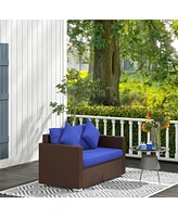 Patio Wicker Loveseat with Cushions, 2-Seat Outdoor Pe Rattan Couch Sofa with Throw Pillows, for Porch, Backyard, Garden, Poolside, Blue