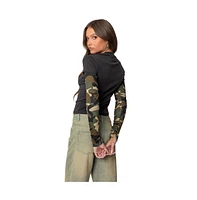 Edikted Women's Camo Layered Long Sleeve T Shirt - Dark