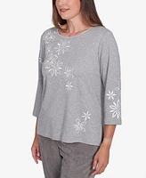 Alfred Dunner Petite Copenhagen Diagonal Flower Embroidered Crew Neck Top