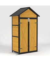 Simplie Fun Outdoor Storage Cabinet Weatherproof Wood Storage Shed with Waterproof Roof Lockable Doors Removable Shelves Foldable Table Hooks 69 Inche