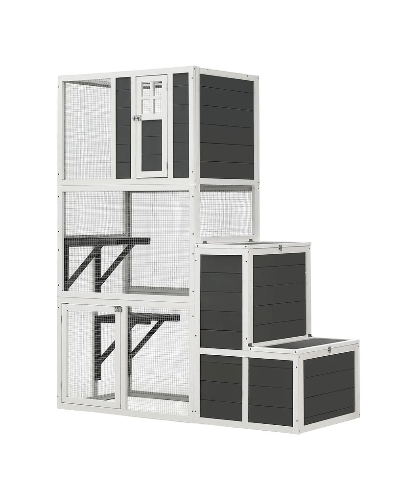 3-Tier Wooden Outdoor & Indoor Cat House Suitable for 1-3 Cats Cat Enclosure Resting Box with 4 Platforms and 2 doors Cat Shelter Kitty House with a J