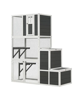 3-Tier Wooden Outdoor & Indoor Cat House Suitable for 1-3 Cats Cat Enclosure Resting Box with 4 Platforms and 2 doors Cat Shelter Kitty House with a J