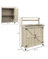 Potting Bench, Outdoor Wooden Potting Table with Storage Cabinet with 2 Shelves, Garden Work Bench with Galvanized Plated Tabletop for Backyard, Balco