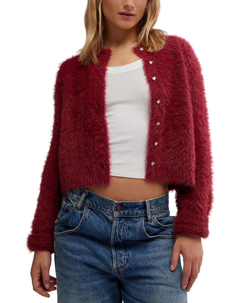 Free People Women's Celeste Heart-Button Fuzzy Cardigan