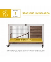 Wooden Rabbit Hutch Indoor Outdoor, Elevated Bunny Cage with No Leak Tray Enclosed Run with Wheels, Ideal for Guinea Pigs and Small Animals, Brown