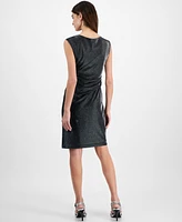 Connected Petite Cowlneck Metallic-Threaded Cocktail Dress