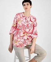 Charter Club Womens Printed Linen 3 4 Sleeve Tunic Linen Solid Cropped Pull On Pants Exclusively At Macys