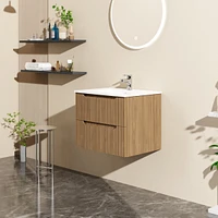Goodyo 24" Wall-Mount Bathroom Vanity Cabinet with White Basin Sink Combo Floating, Walnut