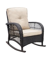 Simplie Fun 3 Pieces Conversation Set, Outdoor Wicker Rocker Patio Bistro Set, Rocking Chair with Glass Top Side Table