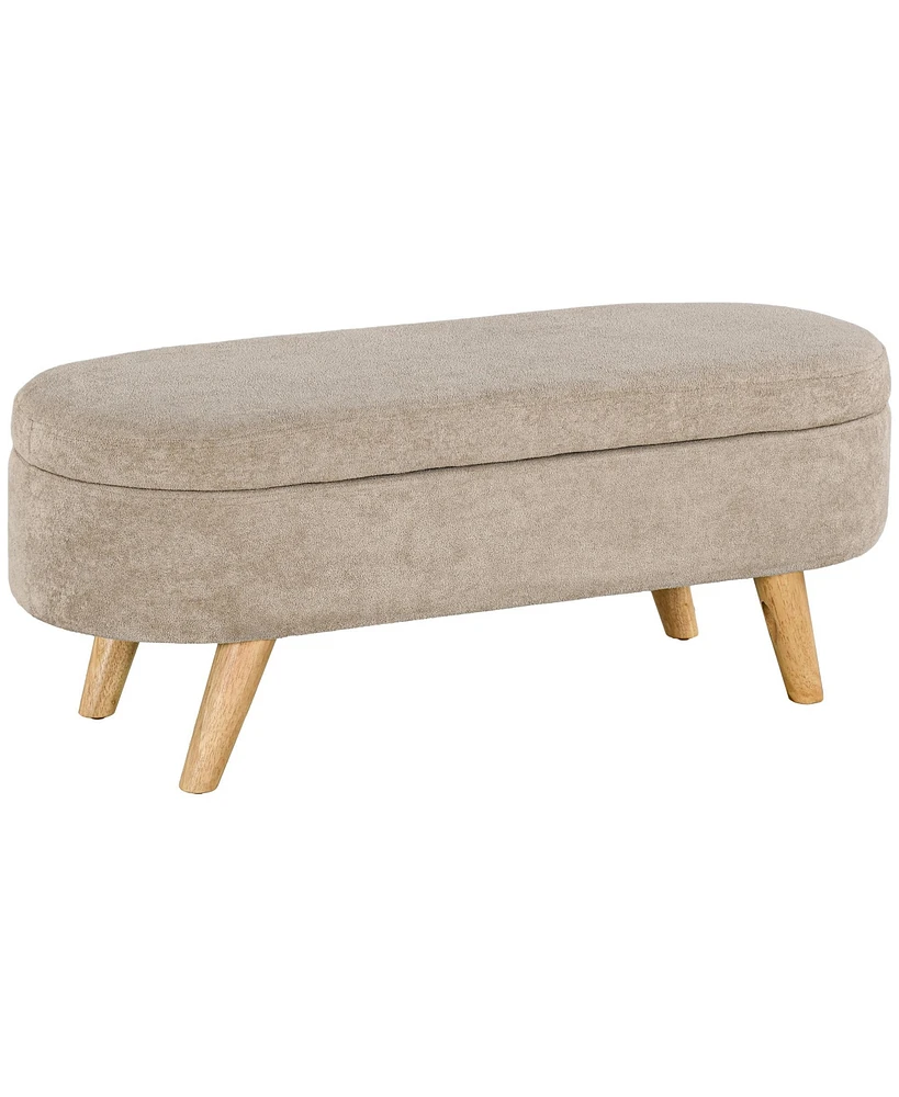 Simplie Fun Storage Ottoman Bench, 43.3" Teddy Fleece Upholstered End of Bed Bench with Wood Legs and Padded Seat, Oval Modern Entryway Bench, Beige