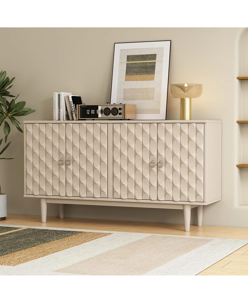 Modern 4-door Sideboard with Convex Pattern Doors and 2 Silver Handle for Living Room, Dining Room, Kitchen (Almond)