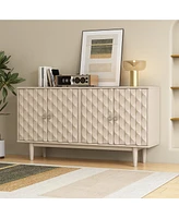 Modern 4-door Sideboard with Convex Pattern Doors and 2 Silver Handle for Living Room, Dining Room, Kitchen (Almond)