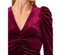 CeCe Women's Velvet V-Neck Ruched Long-Sleeve Top