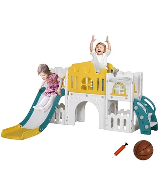 Streamdale Furniture 8 in 1 Toddler Slide for Kids Age 1-3 Years, Indoor Kids Slide Playset with Basketball Hoop, Climber, Telescope, Tunnel, Steering