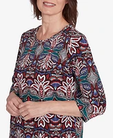 Alfred Dunner Petite Key Items Abstract Leaf Print Three Quarter Sleeve Top