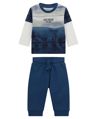 Guess Baby Boy Long Sleeve Two-Fer Top and Active Pant, 2-Piece Set