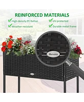 Raised Garden Bed, Elevated Planter Box with Rattan Wicker Look, Tool Storage Shelf, Portable Design for Herbs, Vegetables, Flowers, Black