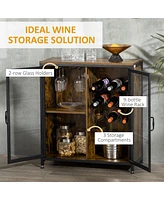 Streamdale Furniture Industrial Wine Cabinet with 9 Bottle Wine Rack, Retro Liquor Cabinet with Glass Holders, Mesh Doors, and Storage Shelf for Home