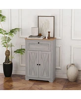 Farmhouse Barn Door Accent Cabinet, Kitchen Sideboard Storage Cabinet with Double Doors, Drawer, and Adjustable Shelf for Bedroom, Living Room, Light