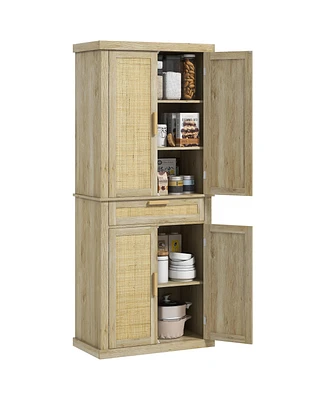 72" Tall Pantry Cabinet with Rattan Decorated Panel, Freestanding Boho Kitchen Storage Cabinet with 4 Doors, Drawer, 5-Tier Shelf and Adjustable