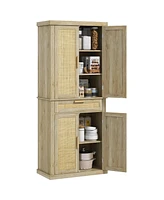 72" Tall Pantry Cabinet with Rattan Decorated Panel, Freestanding Boho Kitchen Storage Cabinet with 4 Doors, Drawer, 5-Tier Shelf and Adjustable