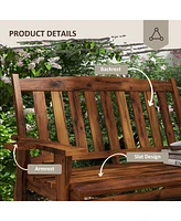 Wood Outdoor Bench, 2-Person Garden Bench with Cupholder Armrests, Slatted Seat and Backrest, Park Bench for Patio, Porch, Lawn, Deck, Carbonized