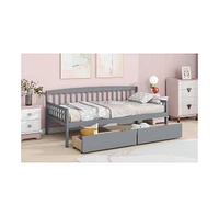 Twin-size Pine Wood Daybed with two Storage Drawers, Sofa Bed with Bed Platform of 10 Support Slats, Grey