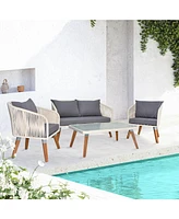 Slickblue 4 Piece Patio Furniture Set, Outdoor Acacia Wood Conversation Set, All-Weather Rope Sofa Set with Coffee Table, Loveseat
