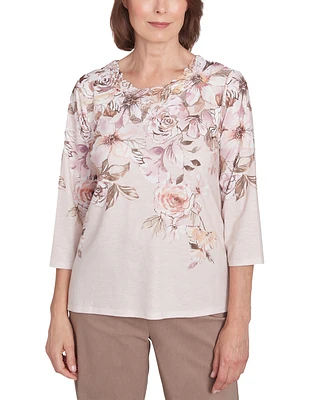 Alfred Dunner Petite Telluride Falling Floral Lace Crewneck Top