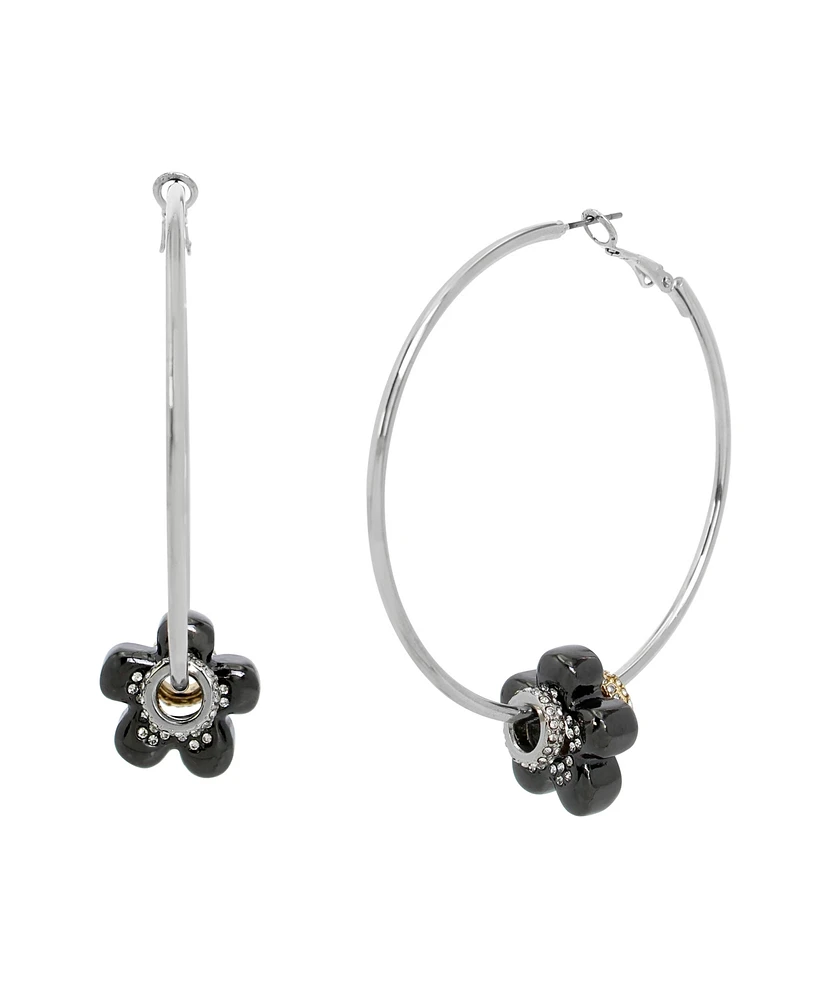 Steve Madden Faux Stone Puffy Flower Charm Hoop Earrings