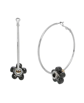 Steve Madden Faux Stone Puffy Flower Charm Hoop Earrings