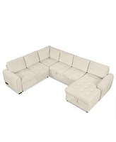 Streamdale Furniture 107.5" U-shaped Sofa Sectional Sofa Pull-out Sofa bed with a Storage Chaise Lounge, Charging Devices for Living Room, Beige