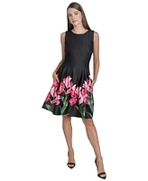 Halston Women's Floral-Print Pleated Fit & Flare Dress