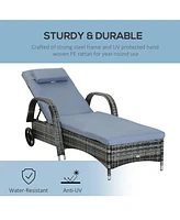 Wicker Chaise Lounge with Adjustable Backrest, Cushion, and Headrest