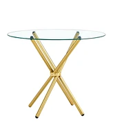 Streamdale Furniture Round clear glass dining table with a unique shape for 4-6 people, with ring-shaped gathered gold metal legs, suitable for desks,