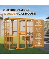 Streamdale Furniture Catio Outdoor Cat Enclosure with Roof 72" Height Cat Wooden House Large Cat Cage with 3 Jumping Platforms and 2 Napping Houses fo