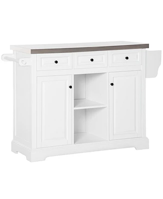 Simplie Fun Rolling Kitchen Island with Storage, Kitchen Cart with Stainless Steel Top, Spice Rack & Drawers, White