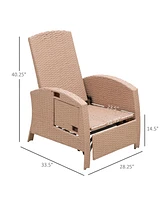 Simplie Fun Patio Recliner, Outdoor Reclining Chair with Flip-Up Side Table, All-Weather Wicker Metal Frame Chaise with Footrest, Cushions, Beige