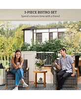 3 Pieces Patio Bistro Set Wooden with Cushions, Pe Wicker Patio Furniture Outdoor for Porch, Backyard, Garden, Gray