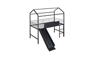 Slickblue Twin Size Metal House Bed with Slide & Two-Sided Writable Wooden Board for Fun Playrooms