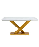 Streamdale Furniture Table and chair set, Large modern minimalist rectangular white imitation marble dining table with Mdf top and golden legs, Dining