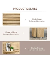 4-Panel Folding Room Divider, 5.6 Ft Freestanding Paulownia Wood Privacy Screen Panel with Storage Shelves for Bedroom or Office, Natural Wood Color