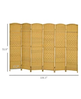 6 Panel Room Divider, 6' Tall Folding Privacy Screen, Hand-Woven Freestanding Wall Partition for Home Office, Bedroom, Nature Wood