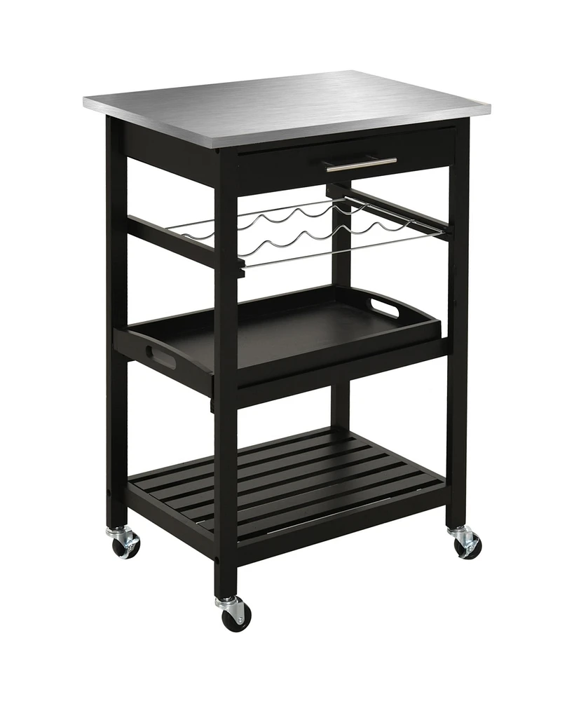 Streamdale Furniture Kitchen island Cart Rolling Trolley Utility Serving Cart with Stainless Steel Tabletop, Wine Rack & Drawer